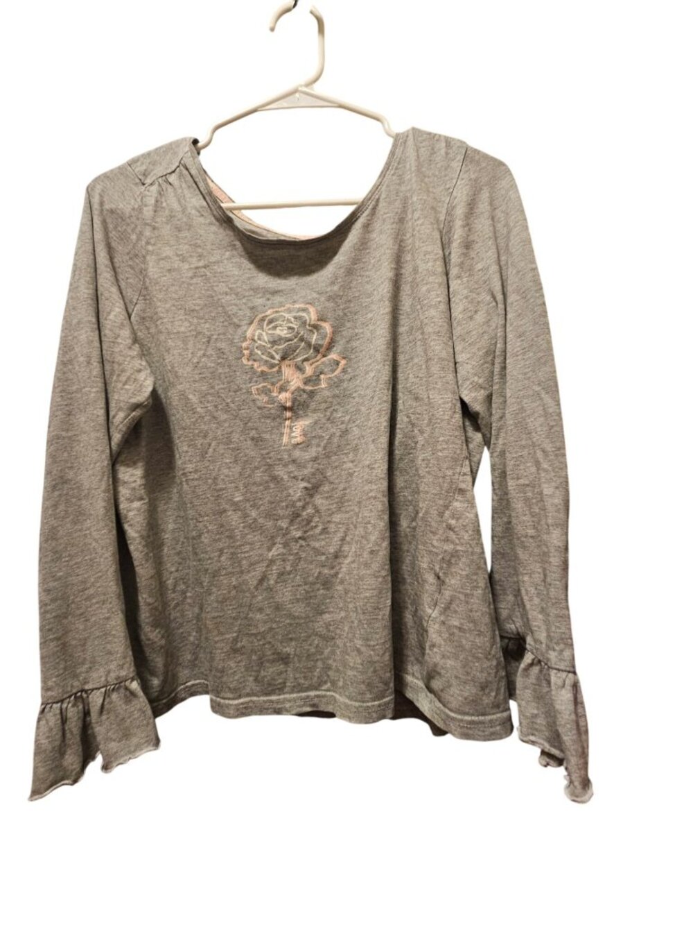 Esmara Gray Long-Sleeve Top With Rose Embroidery & Ruffle Cuffs Womens Size M